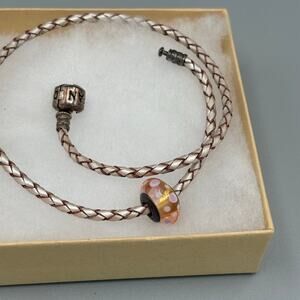 Authentic Pandora 925 Sterling Silver Braided Leather Wrap Murano Glass Charm